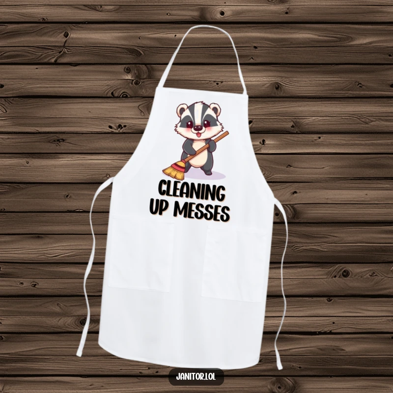 Funny cheerful badger sweeping a shiny floor, a humorous and practical apron for kitchen duties.