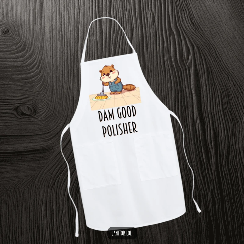 Funny beaver apron showing a busy beaver in overalls energetically polishing a shiny floor, ready for any task.