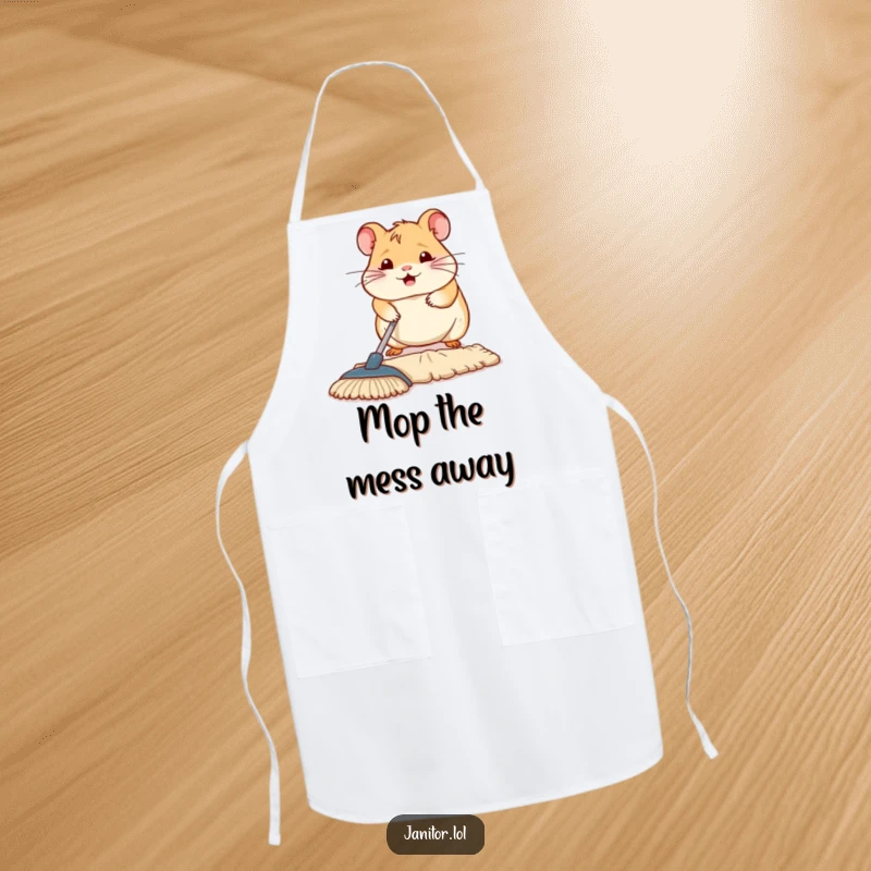Funny contented hamster diligently mopping a floor section, printed on a kitchen apron, ready for culinary adventures.