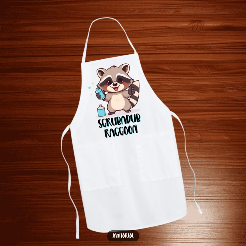 Funny raccoon apron showing a happy raccoon wearing gloves and enthusiastically spraying a surface.