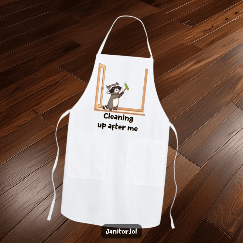 Funny raccoon energetically polishing a window, printed on a kitchen apron, ready for culinary adventures and cleaning tasks.
