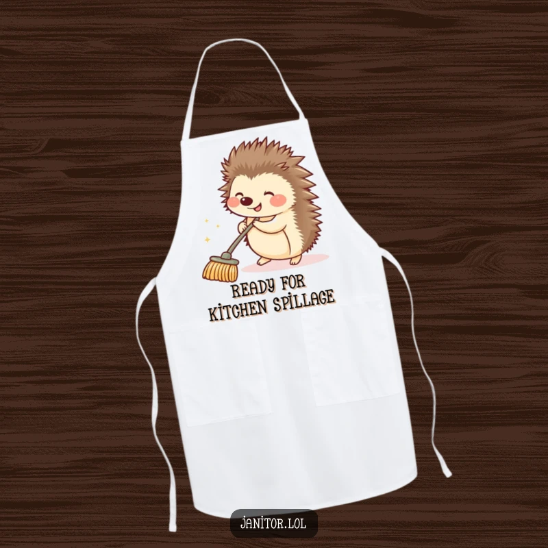 Funny hedgehog with a giggle pushing a sparkling push broom, printed on a kitchen apron, ready for culinary adventures.