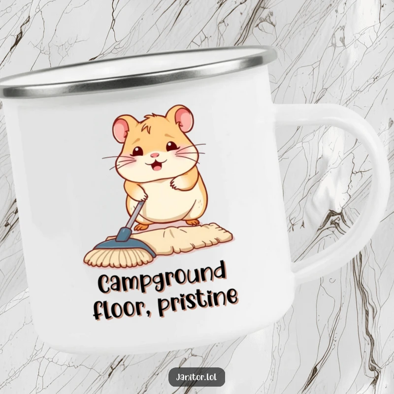 Funny contented hamster diligently mopping a floor section, ready for camping, depicted on a sturdy mug, perfect for outdoor enthusiasts.