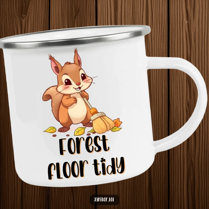 Funny squirrel camping mug depicting a determined squirrel using a tiny broom to sweep up autumn leaves.
