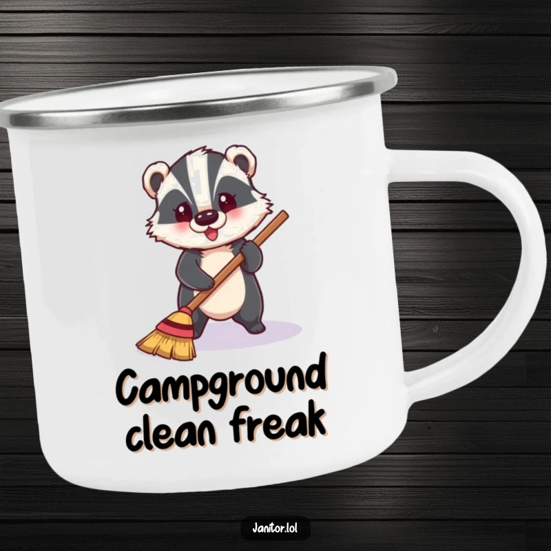 Funny badger happily sweeping a shiny floor, a rugged and hilarious camping mug.