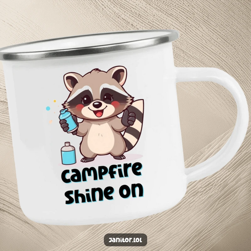Funny raccoon camping mug depicting a happy raccoon wearing gloves and enthusiastically spraying a surface.