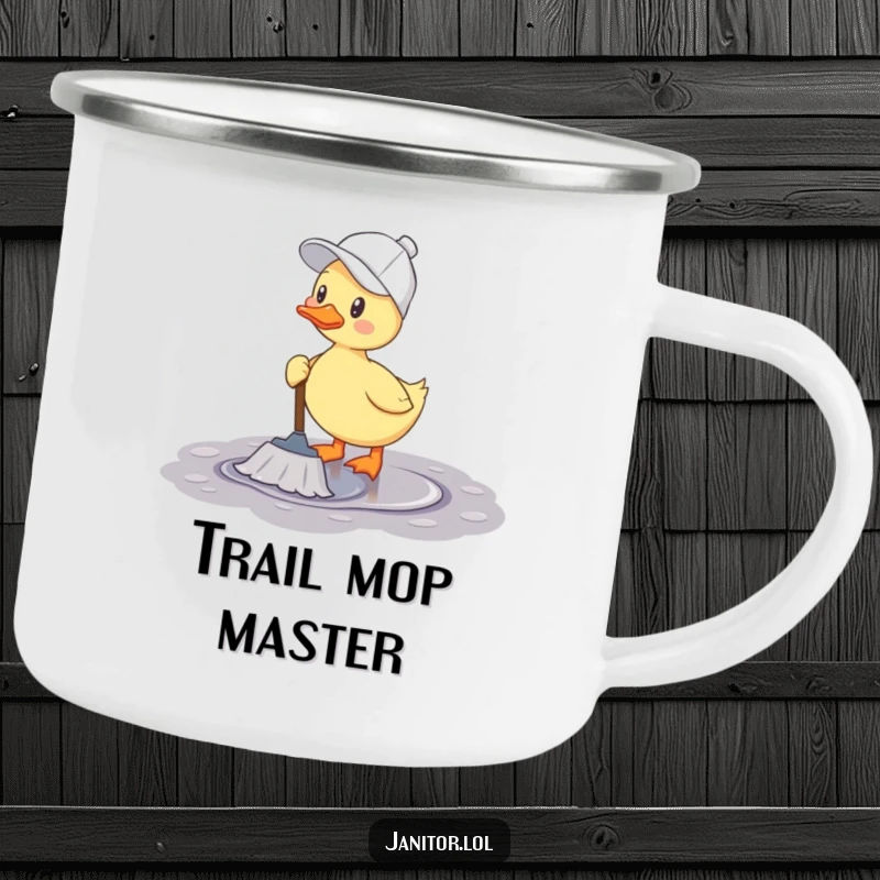 Funny duck camping mug depicting a cheerful duck wearing a cleaning cap and happily mopping a puddle.