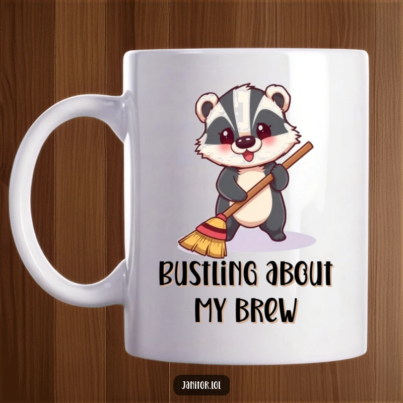 Funny cheerful badger happily sweeping a shiny floor, a delightful and humorous mug design.