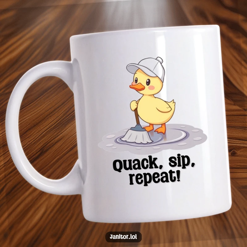 Funny duck mug with a cleaning cap, happily mopping a puddle with a small mop and a big smile.