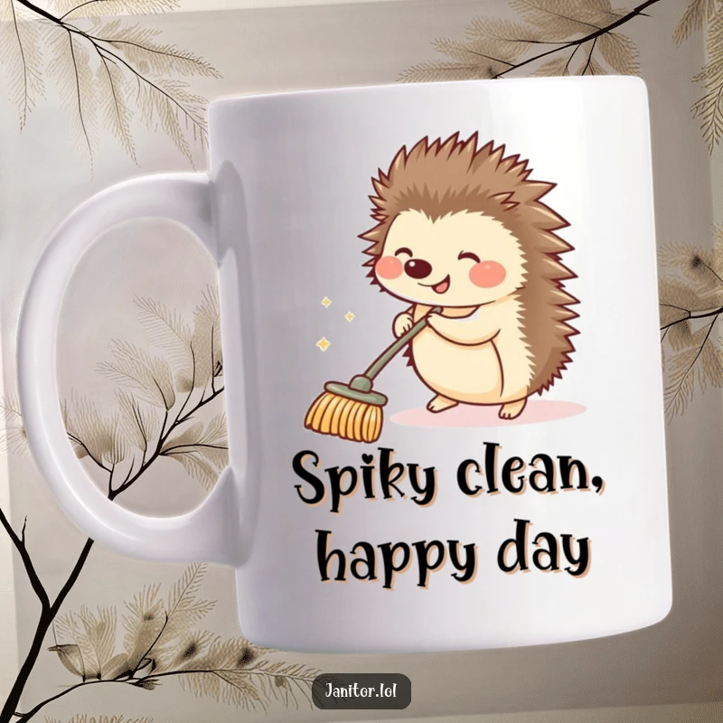 Funny giggling hedgehog pushing a small, sparkling push broom on a mug, celebrating tiny cleaning efforts.