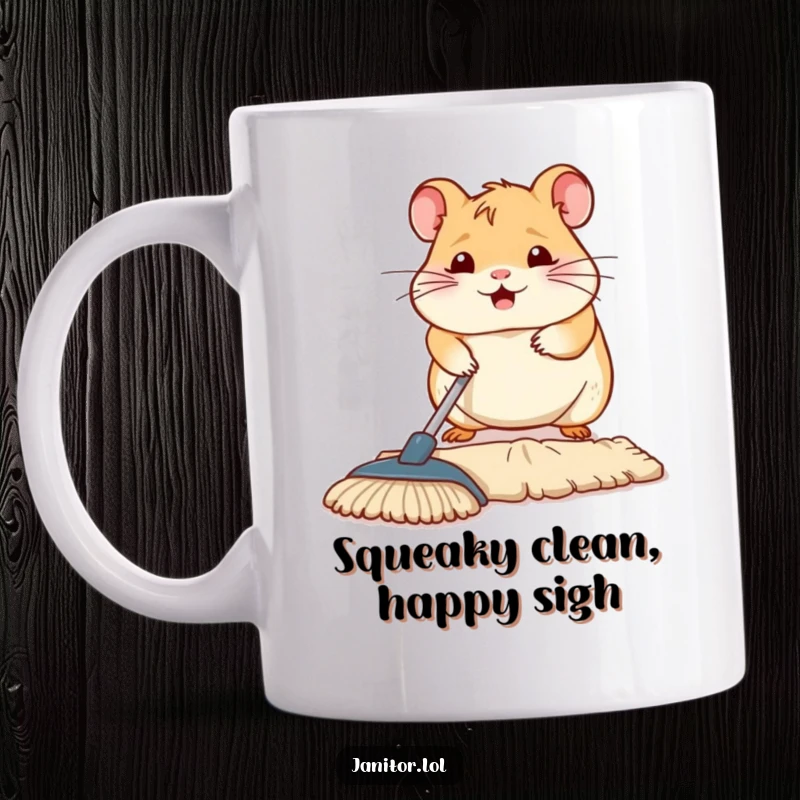 Funny contented hamster diligently mopping a small section of floor on a mug, celebrating tiny chores.