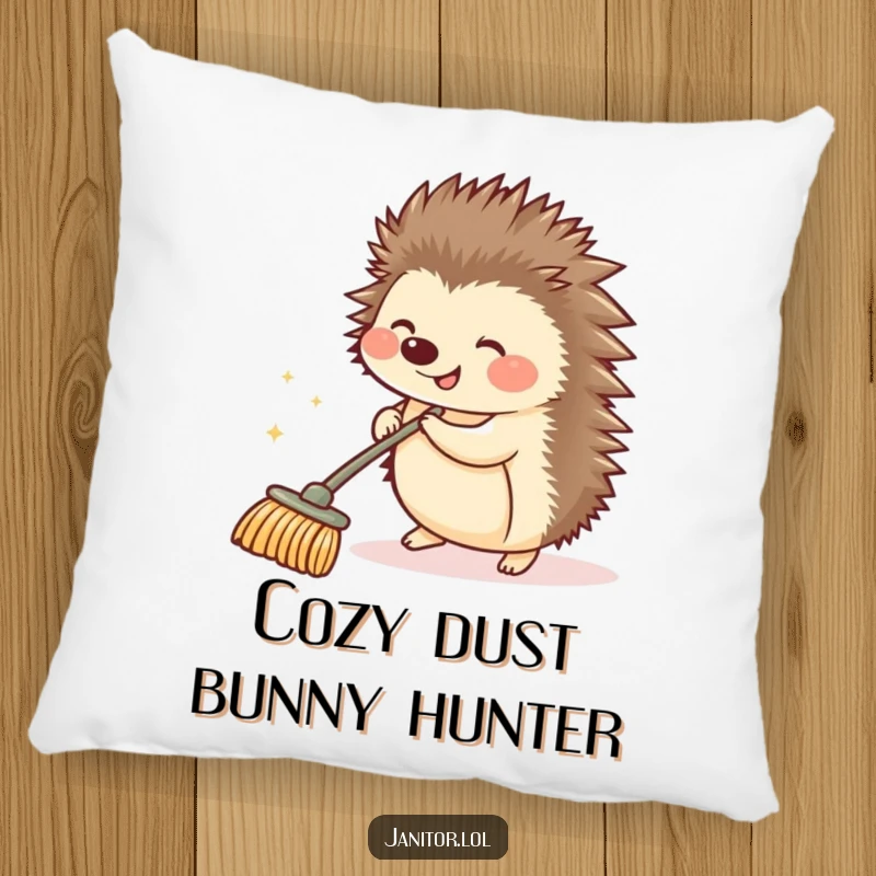 Funny hedgehog pushing a small sparkling push broom, featured on a soft pillow, adding a touch of whimsical humor.