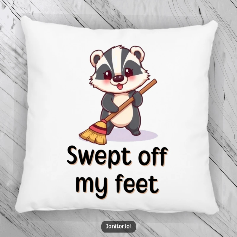 Funny badger happily sweeping a shiny floor, a soft and humorous pillow for decorative comfort.