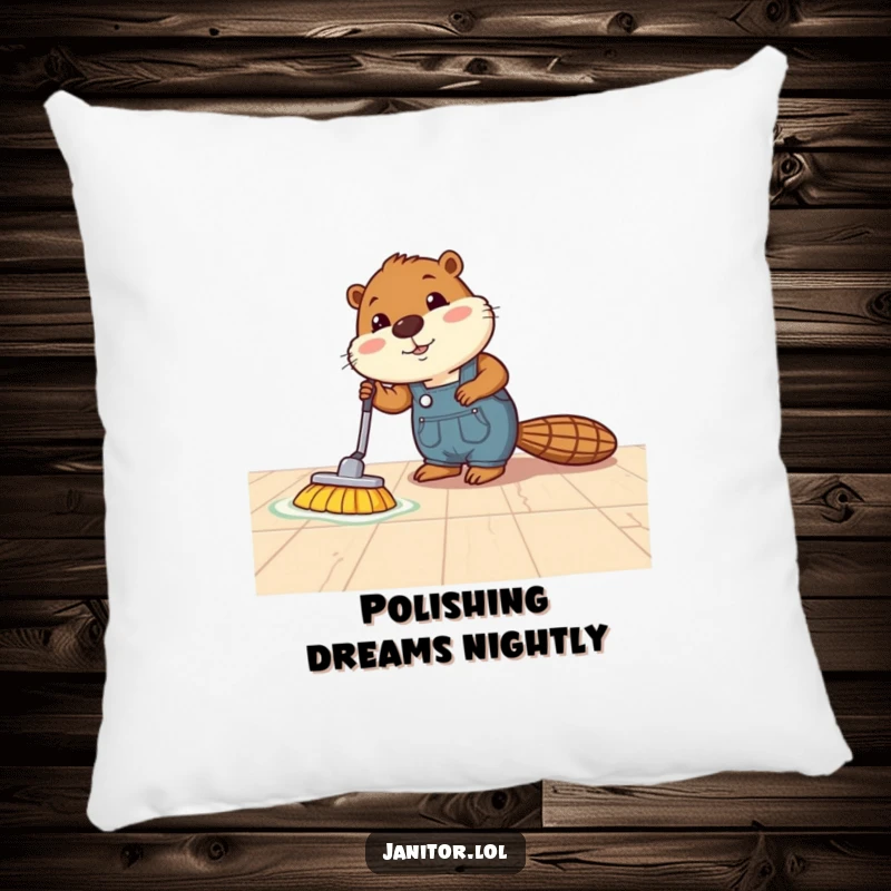 Funny beaver pillow featuring a busy beaver in overalls polishing a gleaming floor, adding a touch of humor.