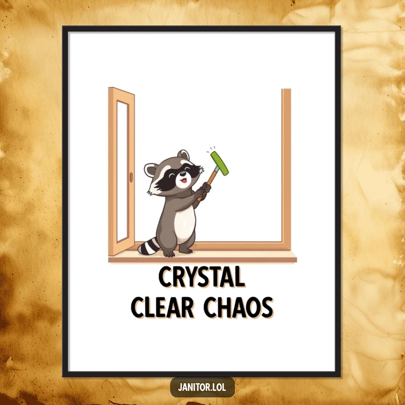 Funny raccoon cleaning a large window with a squeegee, high-resolution digital art print, bringing cleaning humor to your decor.