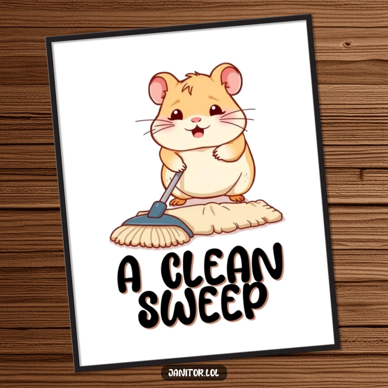 Funny contented hamster diligently mopping a small floor section, high-resolution digital art print, bringing clean humor to decor.