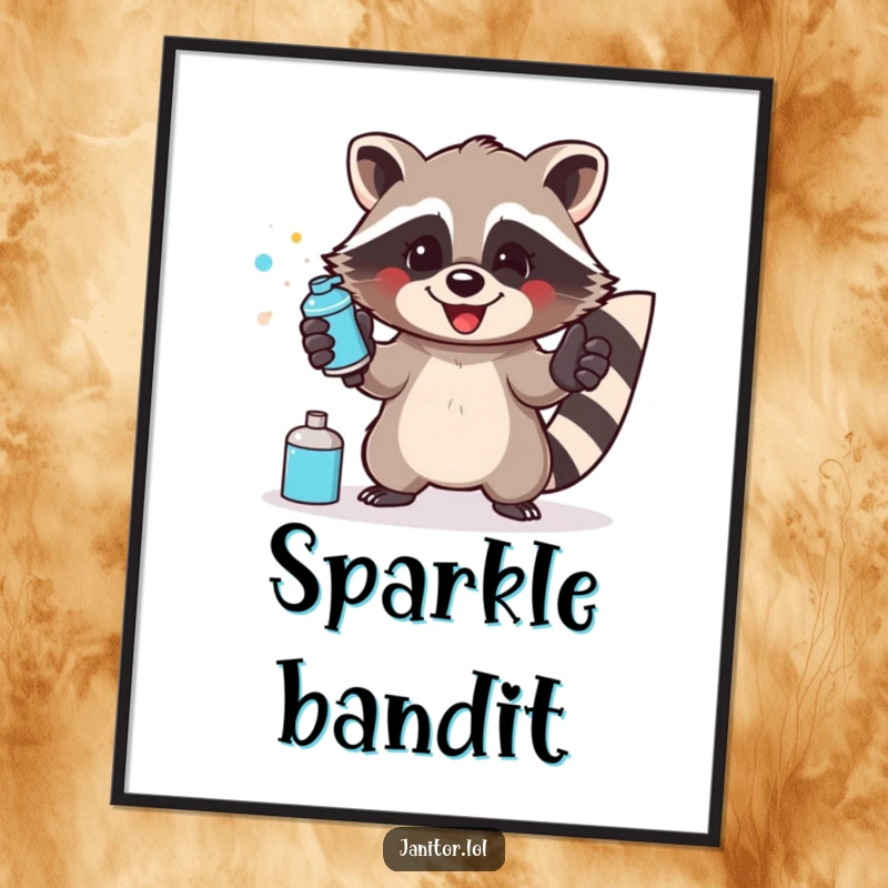 Funny raccoon digital art print of a happy raccoon wearing gloves and enthusiastically spraying a surface.