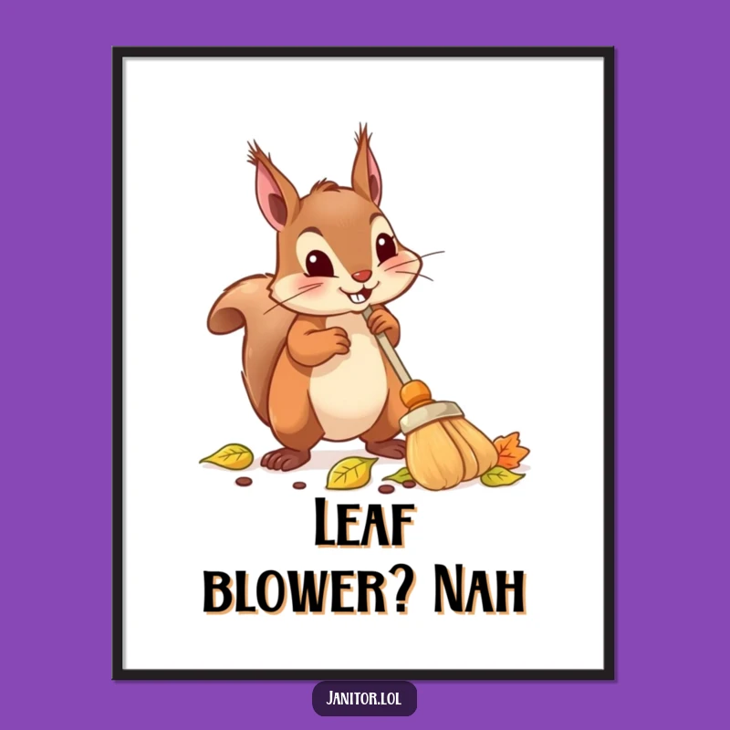 Funny Squirrel Sweeping Digital Art: Instant Autumn Charm for Your Walls