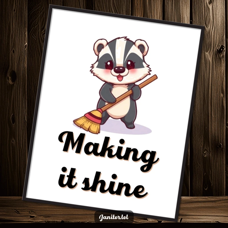 Funny cheerful badger happily sweeping a shiny floor, a high-resolution digital art print for funny decor.