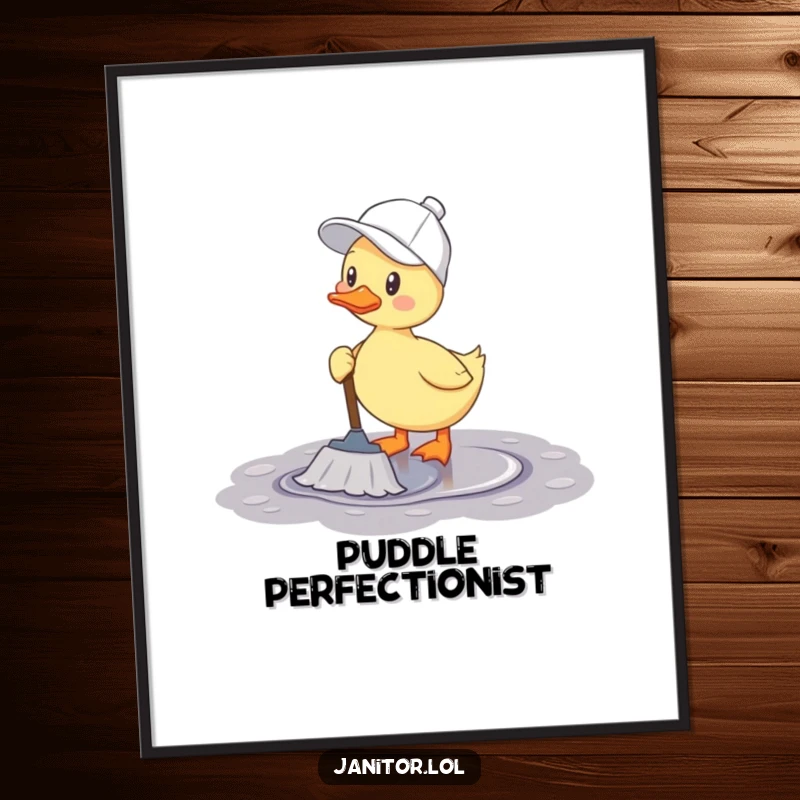 Funny duck digital art print of a cheerful duck wearing a cleaning cap and happily mopping a puddle.