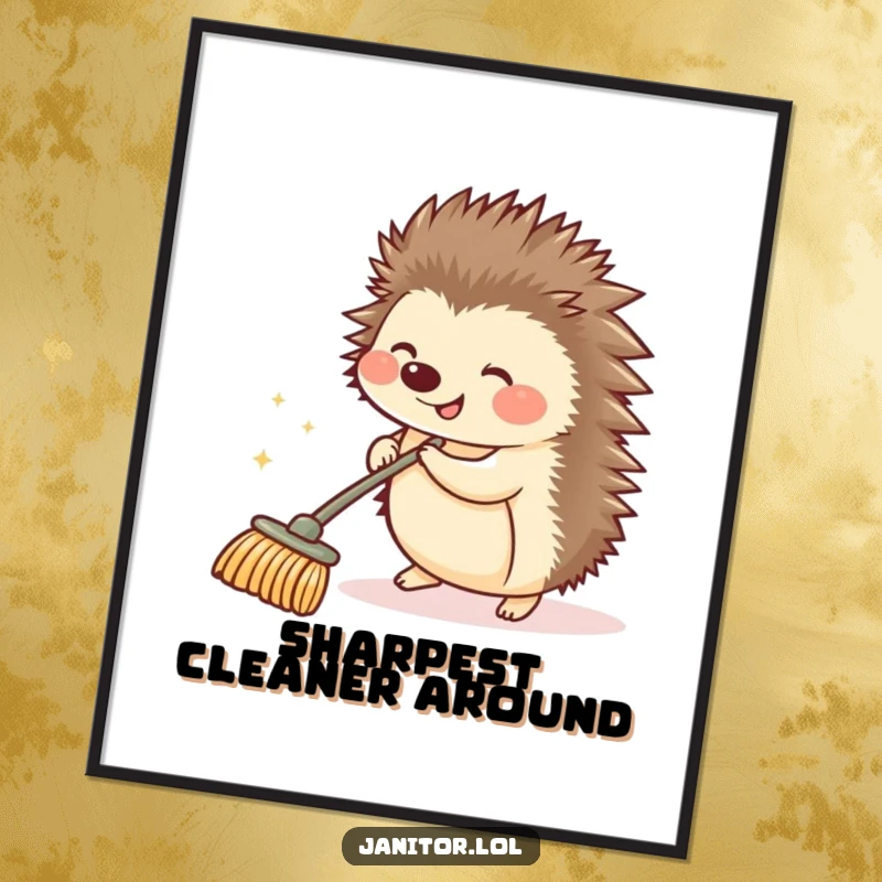 Funny hedgehog giggling while pushing a small sparkling push broom, high-resolution digital art print, bringing clean humor to decor.