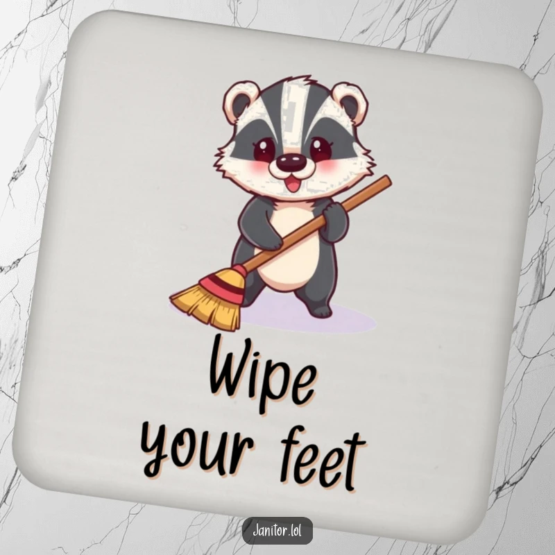 Funny badger happily sweeping a shiny floor, a protective and hilarious drink coaster.