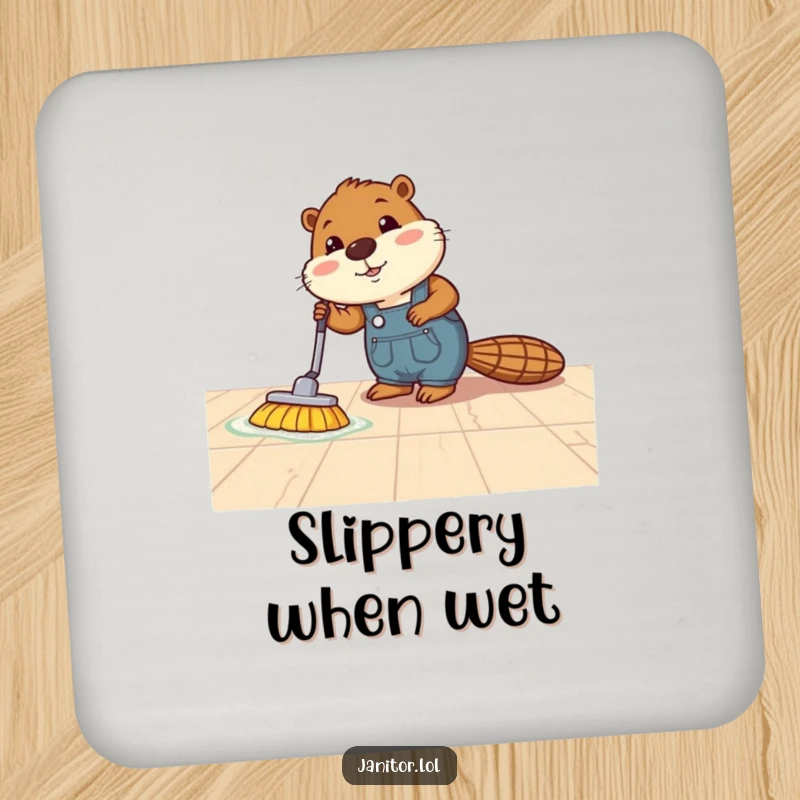 Funny beaver coasters showing a busy beaver in overalls polishing a shiny floor, protecting surfaces with humor.