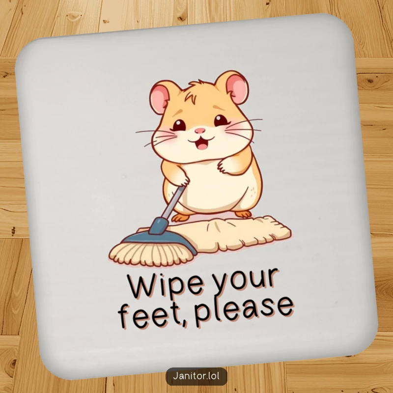 Funny contented hamster diligently mopping a floor section, featured on a drink coaster, adding a touch of clean humor.