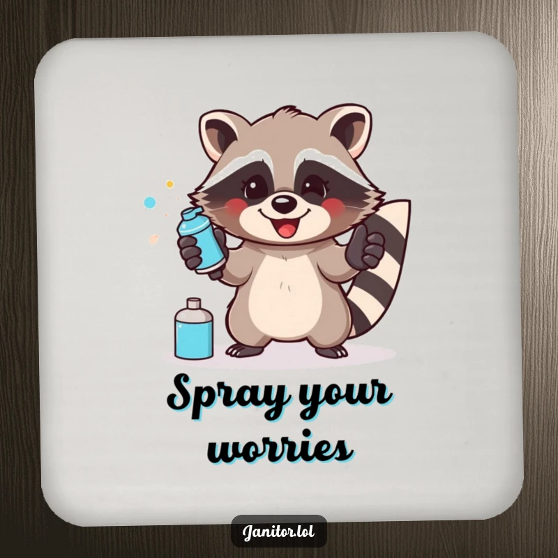 Funny raccoon coasters showing a happy raccoon wearing gloves and enthusiastically spraying a surface.