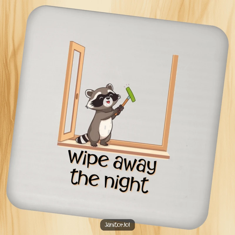 Funny raccoon polishing a window, featured on a drink coaster, adding a touch of clean humor to your coffee table.