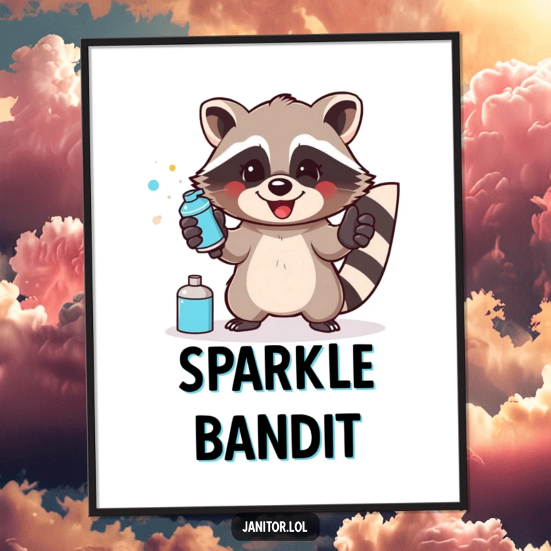 Funny raccoon poster depicting a happy raccoon wearing gloves and enthusiastically spraying a surface with cleaner.