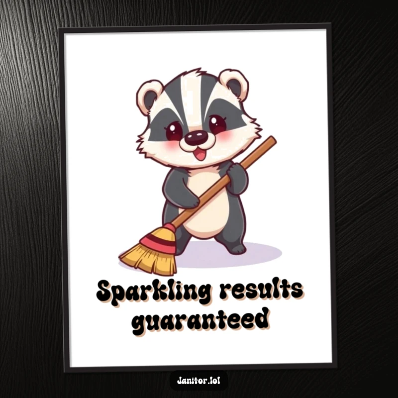 Funny badger happily sweeping a shiny floor, radiating cheerfulness, a delightful and hilarious wall art poster.