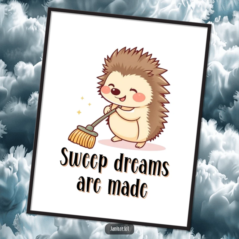 Funny hedgehog giggling while pushing a small sparkling push broom, presented as a poster, bringing cheerful tidiness to walls.