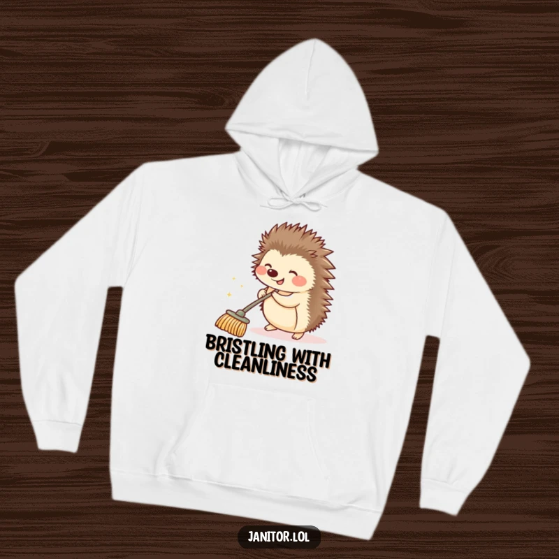 Funny hedgehog pushing a sparkling broom, depicted on a comfortable hoodie, ideal for cozy, humorous lounging.