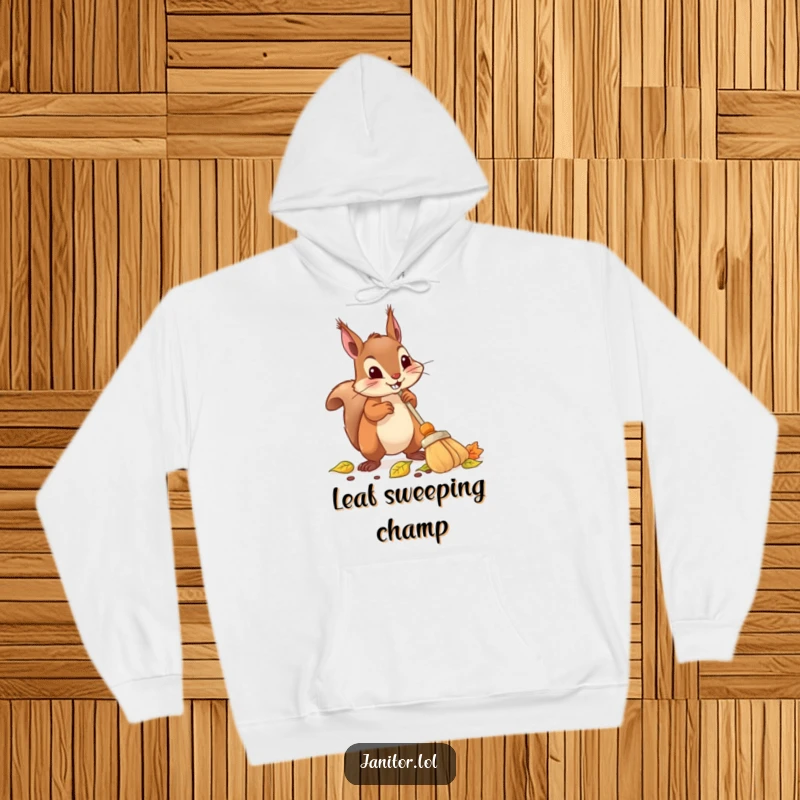 Funny squirrel hoodie illustration of a determined squirrel using a tiny broom to sweep up colorful leaves.