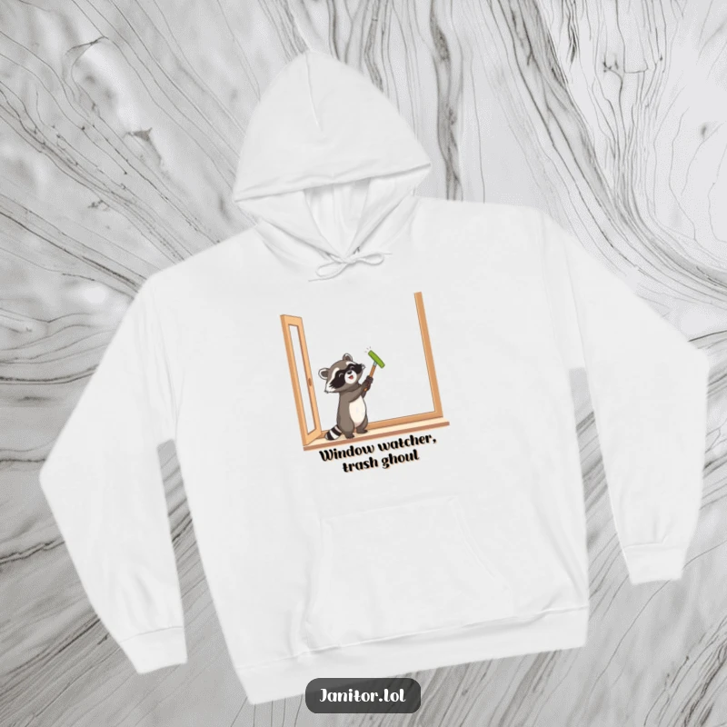 Funny raccoon polishing a window with gusto, printed on a warm hoodie, perfect for expressing your clean-living humor.