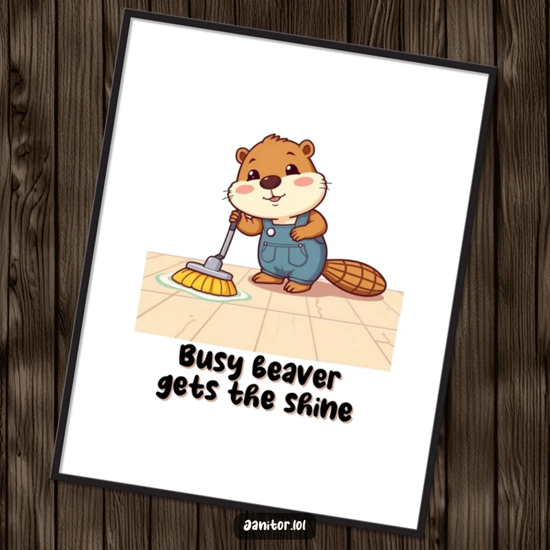 Funny Free Printable Wall Art: A busy beaver in overalls energetically polishes a floor to a dazzling shine, adding humor to your walls.