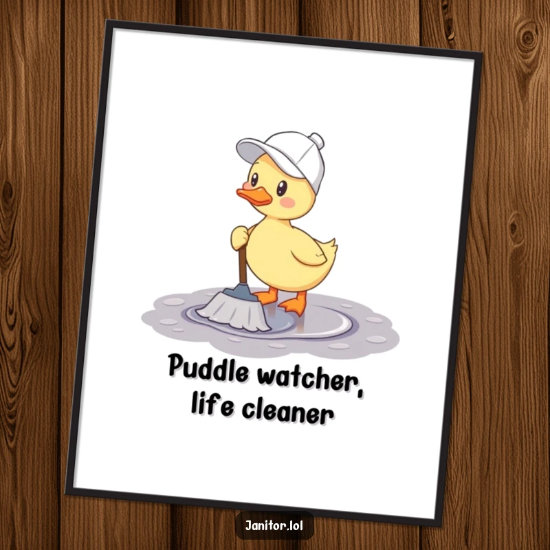 Funny Free Printable Wall Art: A cheerful duck in a cleaning cap joyfully mops a puddle, creating a humorous and whimsical scene.
