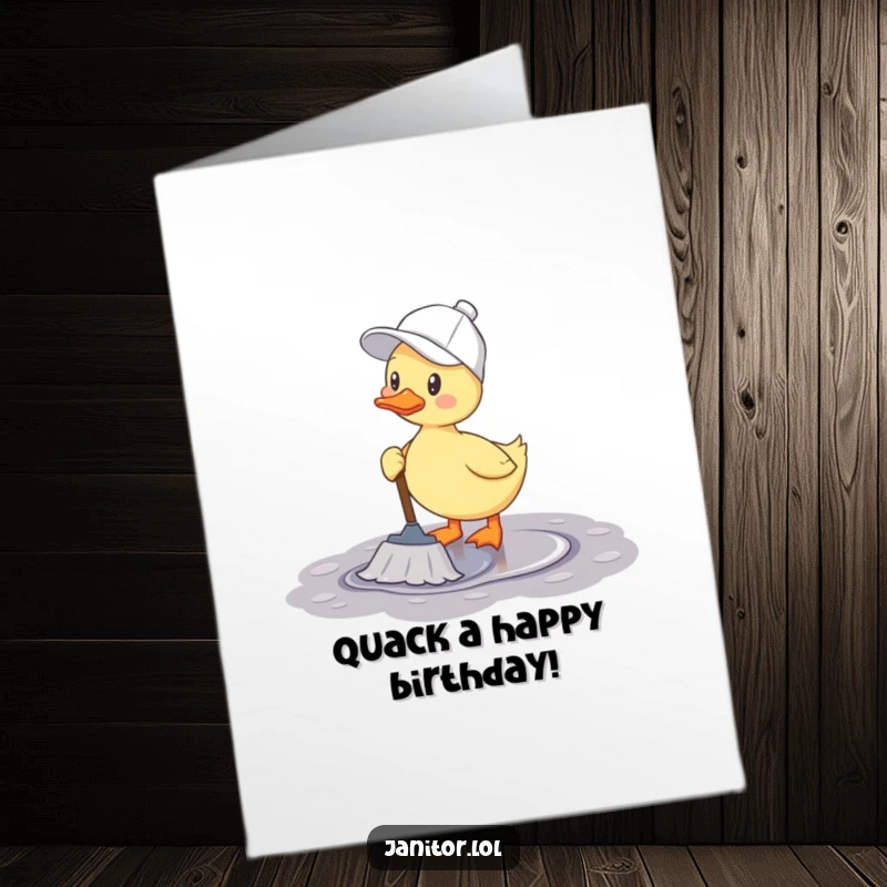 Funny Free Printable Birthday Card: A cheerful duck in a cleaning cap happily mopping a puddle, ready to celebrate a birthday.