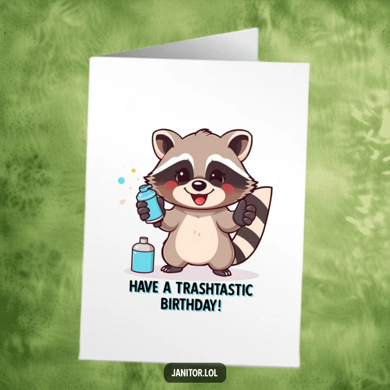 Funny Free Printable Birthday Card: A happy raccoon in gloves enthusiastically sprays a surface, ready to clean up for a birthday party.
