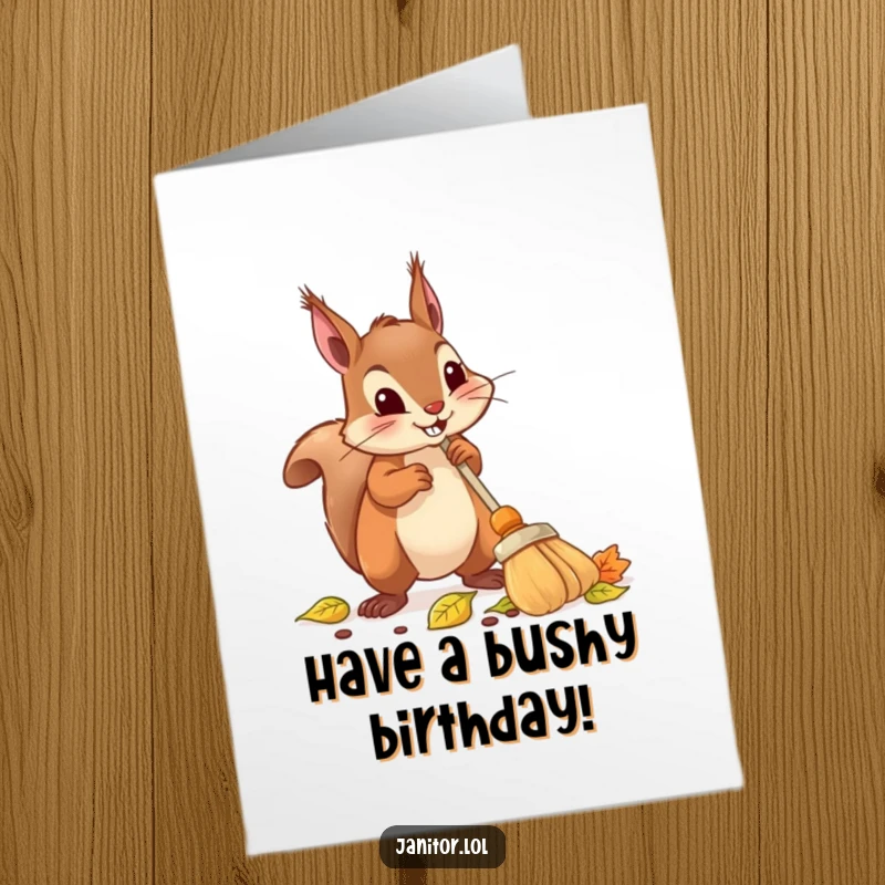 Funny Free Printable Birthday Card: A determined squirrel with a tiny broom diligently sweeps leaves, celebrating a birthday with enthusiasm.