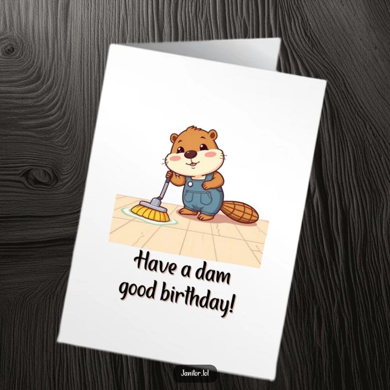 Funny Free Printable Birthday Card: A busy beaver in overalls gleefully polishes a floor to a mirror shine for a birthday celebration.