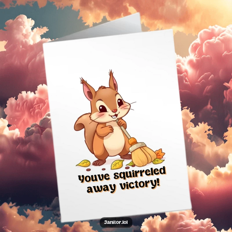 Funny Free Printable Congratulations Card: A determined squirrel uses a tiny broom to sweep leaves, symbolizing a clean sweep of success.