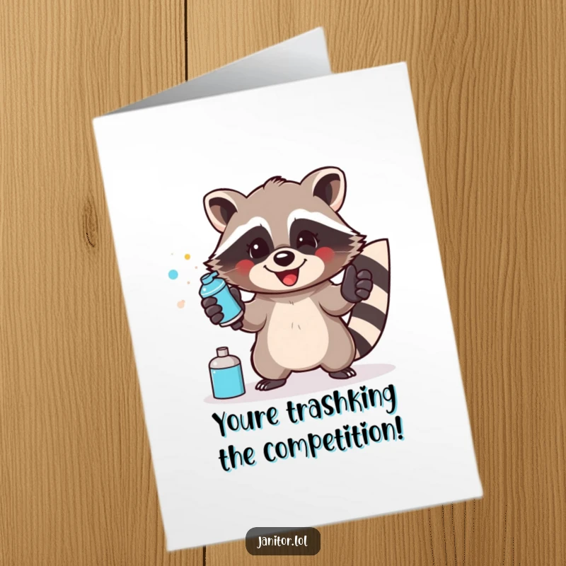 Funny Free Printable Congratulations Card: A happy raccoon in gloves sprays a surface, symbolizing a squeaky clean win or achievement.