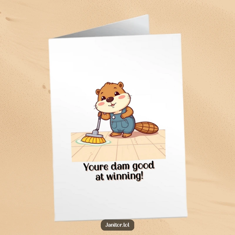 Funny Free Printable Congratulations Card: A busy beaver in overalls proudly polishes a floor, celebrating a job well done with humor.
