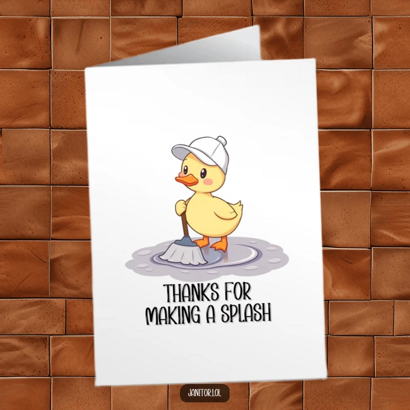Funny Free Printable Thank You Card: A cheerful duck in a cleaning cap happily mopping a puddle, offering a squeaky clean thank you.