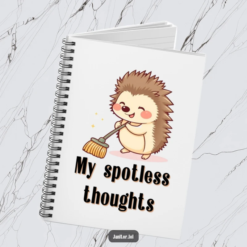 Funny hedgehog pushing a sparkling push broom, cover art for a notebook, inspiring clean thoughts and organized notes.