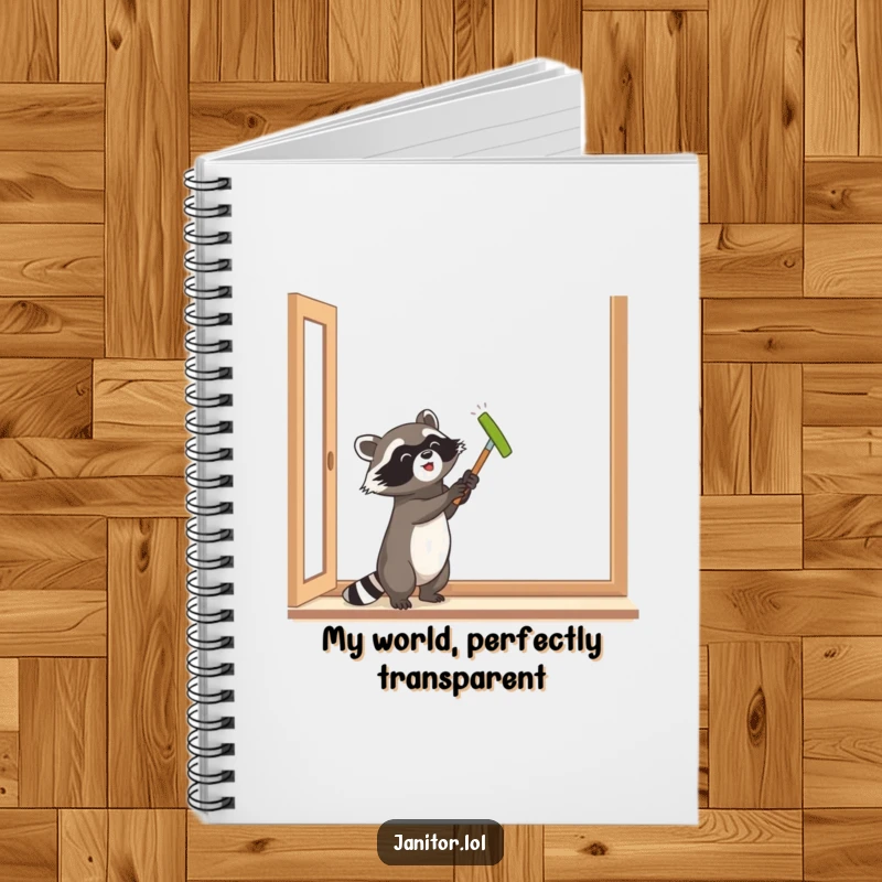Funny raccoon focused on polishing a window, cover art for a notebook, inspiring clean thoughts and organized notes.