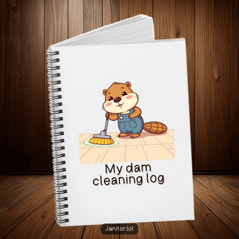 Funny beaver notebook illustration of a determined beaver in overalls polishing a shiny floor, ready for note-taking.