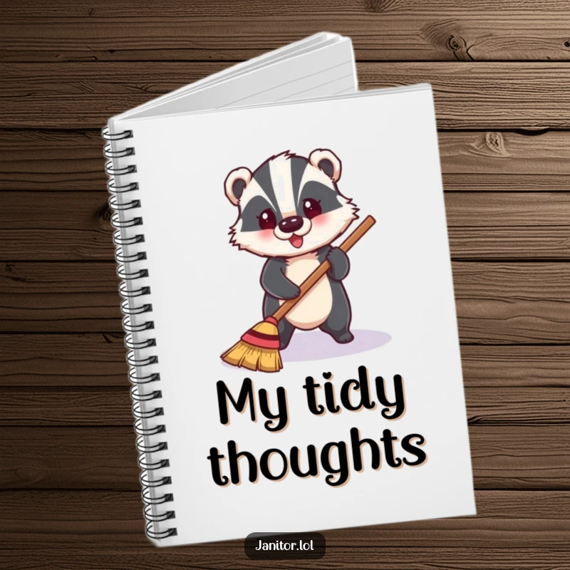 Funny badger happily sweeping a shiny floor, a stylish and hilarious notebook for everyday use.